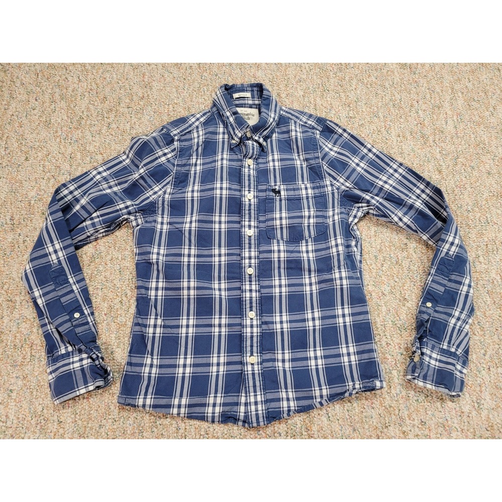 Abercrombie & Fitch Flannel Shirt Mens Small Blue White Plaid Muscle Fit Cotton
